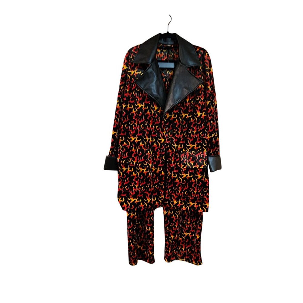Velour Flame Patterned Two-Piece Suit With Faux Leather Lapel & Cuffs Mens L